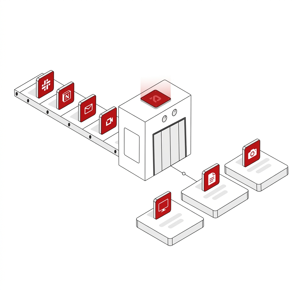 Connected business tools passing through an AI automation engine to produce completed workflows.