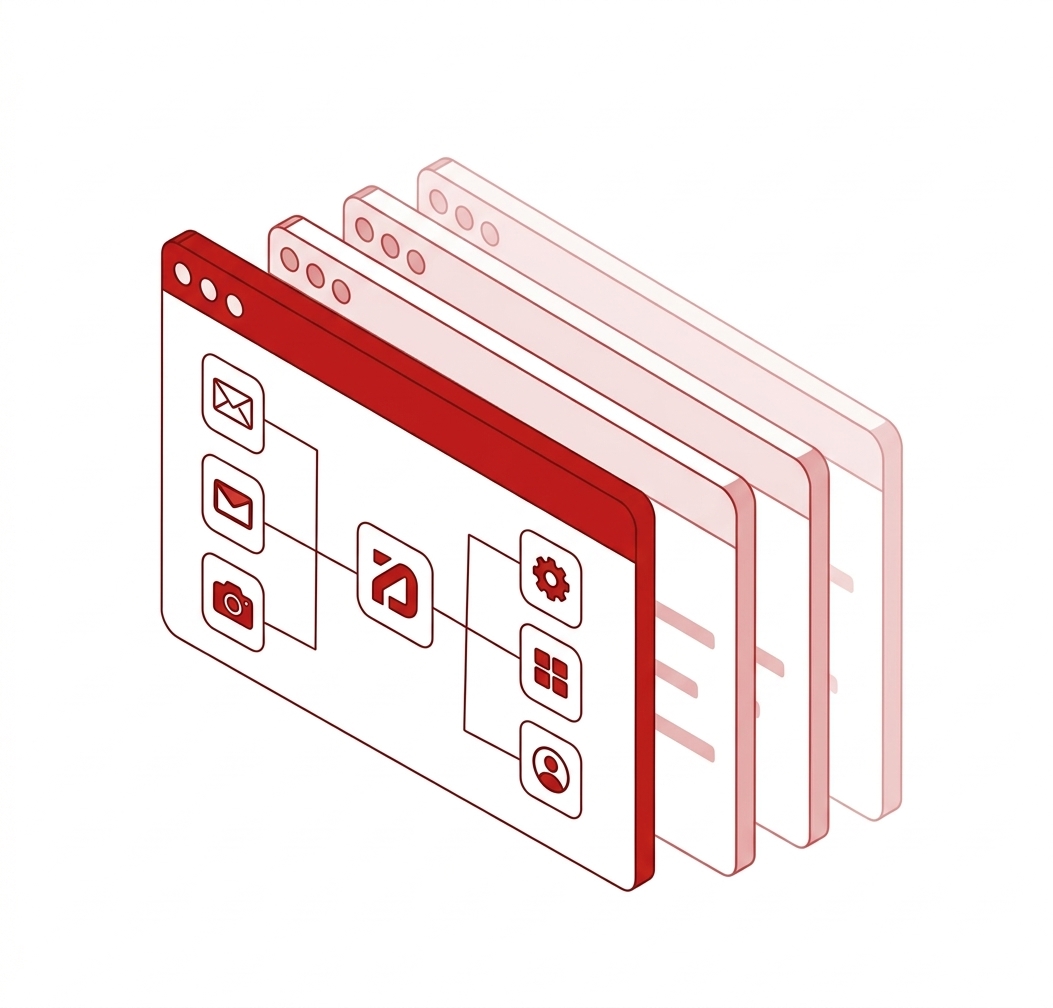 Layered workflow windows connecting email and business tools through InstelTech's AI engine.